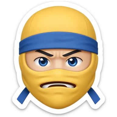 angry ninja face emoji, classic yellow emoji face, mouth fully covered by blue ninja uniform, only eyes visible sticker