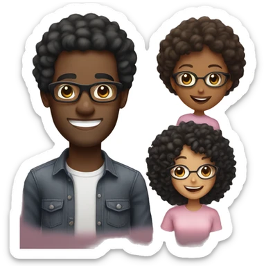 Black man, smiling, curly black hair, with black shirt, no glasses. And Fair woman, medium curly hair, smiling, light pink shirt, black glasses sticker