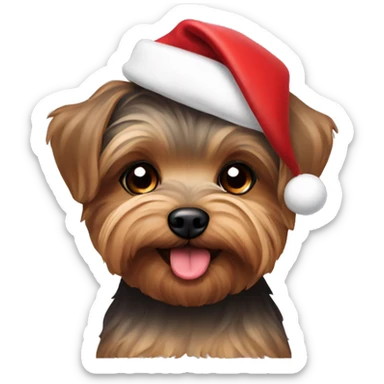 Small brown yorkiepoo wearing Santa hat sticker