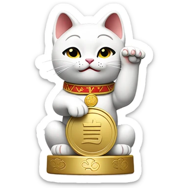 Japanese white maneki neko cat with its right arm raised and its left arm holding a golden koban coin sticker