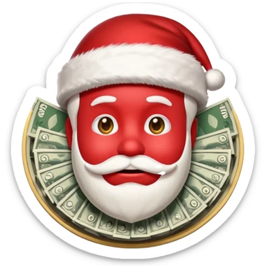 A confident rich emoji face wearing a Santa hat, money stacks, casino vibe, New Year theme, premium 3D emoji style, sharp details, no text, isolated on transparent background sticker