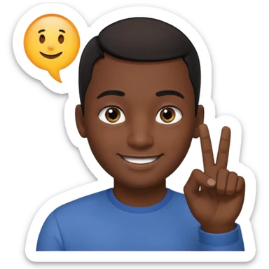 Male smiling with a big round head, dark skin, eyes looking to the side, pointer finger touching the outside corner of the eye sticker