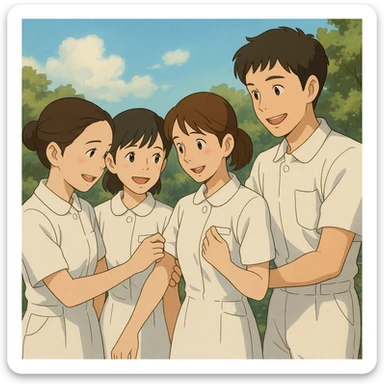 Group of four nursing students, three girls of the same height and one taller boy, white short-sleeve uniforms without stethoscopes, helping each other, faces inspired by photos, Ghibli style, friendly atmosphere sticker