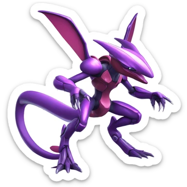 a shiny purple Genesect-Flygon-Raptor-Fakémon—hybrid with a futuristic visor-helmet full body sticker
