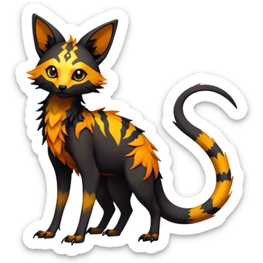 Rare realistic exotic edgy dark gothic gloomy spooky black and orange/yellow epic pretty beautiful handsome gorgeous aesthetic colorful vibrant Vernid-Trico-species-Fakemon-creature by LiLaiRa, 4 legs, 1 tail, random markings, (full body) sticker