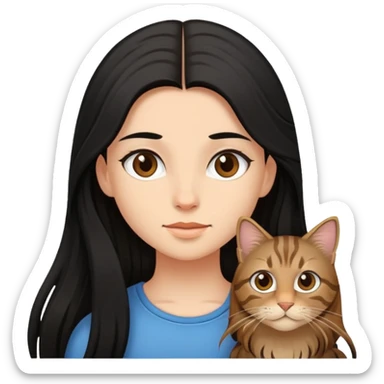 A girl with long black hair and  a brown long haired tabby sticker