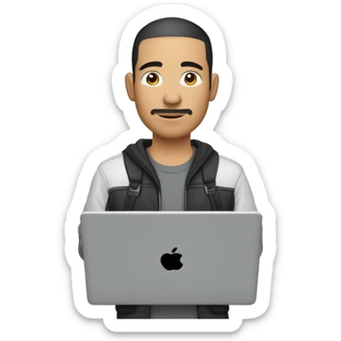 mexican man buzz cut hair with black stubble and black eyes in casual clothes, holding laptop. sticker