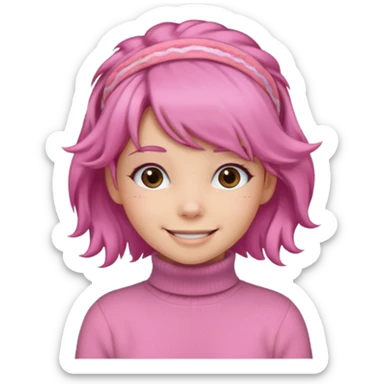 brown fluffy haired girl with pink turtleneck sweater and pink hair band sticker