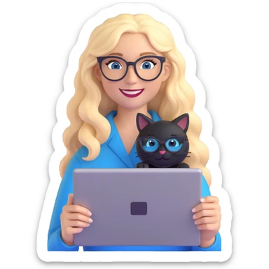 a blonde woman with long hair and blue eyes in black cat-eye glasses, smiling while holding a graphic tablet sticker
