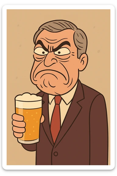 Make it funny: Nigel Farage looking grumpy but comically exaggerated, holding a pint of lager, in a simple cartoon style. sticker