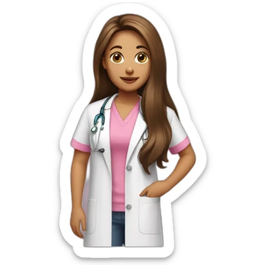 Tan girl, a speech therapist with Brown long hair, Brown eye wearing a pink t-shirt and a medical coat sticker