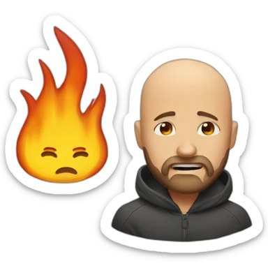 Bald man with beard crying next to fire sticker