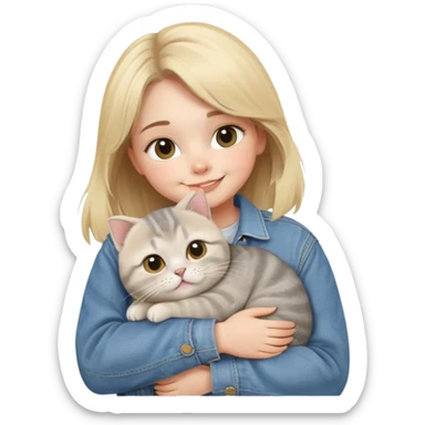 blonde girl in denim jacket huddle a fat gray Scottish fold cat smiley eye and love in the air sticker