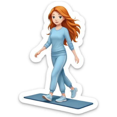 Gorgeous Ginger girl long hair walking on walking pad light blue outfit sticker