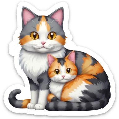 full body large dark grey and white cat cuddling a colourful light patched calico + white tabby cat  sticker