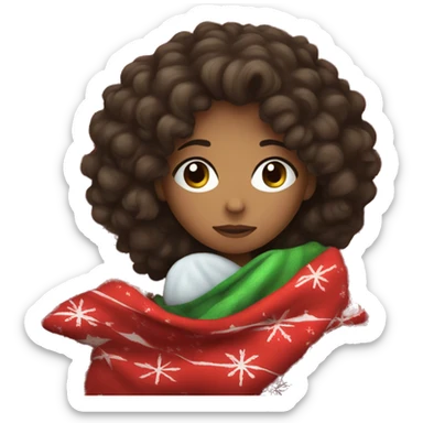 Girl with dark brown curly hair sleeping with Christmas blanket sticker