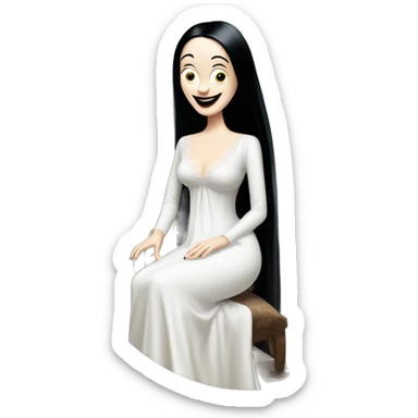 Morticia Addams at home. Smiling. Filmy nightgown . Very Pale-white porcelain skin.  sticker