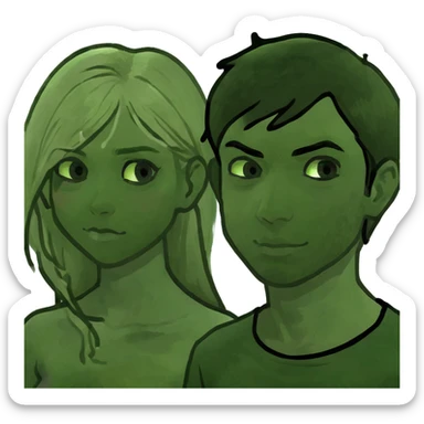 Smiling couple of blonde girl with long hair green eyes and boy with short black hair and green eyes sticker