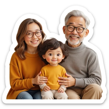 closeup front angle shot of a multigenerational family with grandparents parents and child, realistic facial features, warm lighting, skeuomorphism style sticker