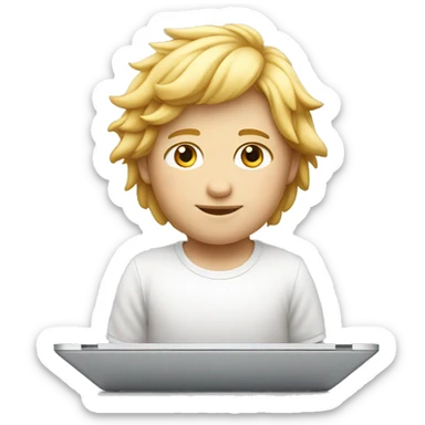 Niño de piel blanca pelo rubio y laptop marca apple sticker