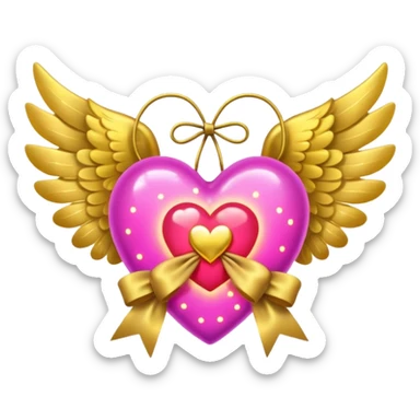 neon heart with a gold bow with heart pattern on the bow, with wings sticker