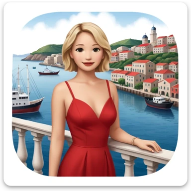jennifer lawrence, red dress leaning on a balcony with a harbor and cityscape in the background, smiling, closeup sticker