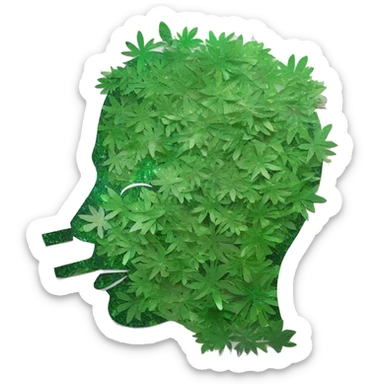 Person face portrait smoking chill made entirely of holographic paper cuttings holographic vinyls and 420 leaves and green flowers, holographic sticker