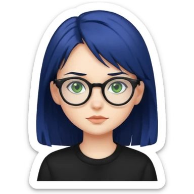 A girl with dark blue hair, glasses and green eyes, wearing black clothes  sticker