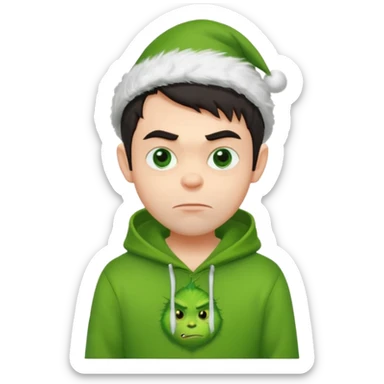 Create an avatar of white European with dark hair  male in hoodie with ``BST`` letters on it. Make background to look like from movie Grinch sticker