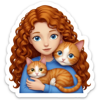 A girl with long curly chestnut hair and blue eyes is hugging a ginger cat who is looking at her with love. The cat has yellow eyes. sticker