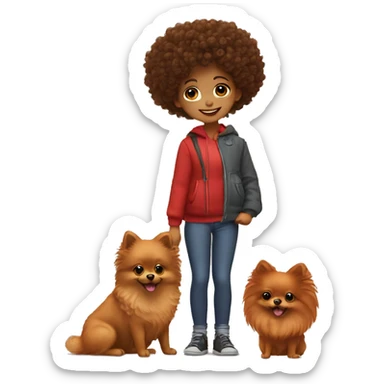 A girl with curly hair holds a red pomeranian sticker