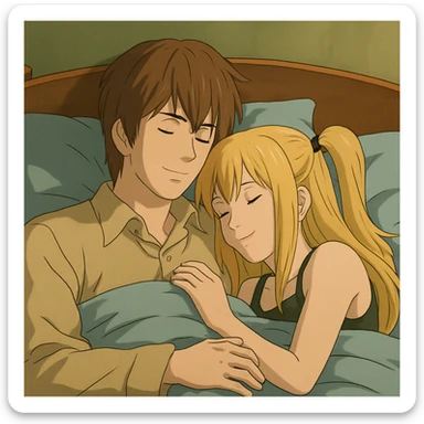 Light Yagami and Misa Amane lying together in a bed, soft atmosphere, ghibli style sticker