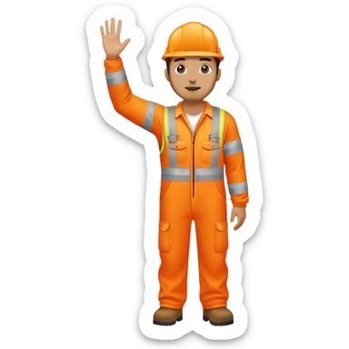 man standing facing away, wearing orange hi visibility overalls  with one arm raised sticker