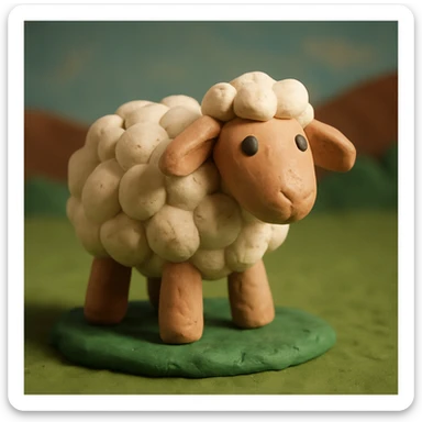 fluffy sheep standing on green grass, visible fingerprints, matte plasticine look, claymation style sticker