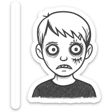 Add more zombie details such as greenish skin, visible stitches, and a scar. Keep the long emo bangs and black shirt. No background. sticker