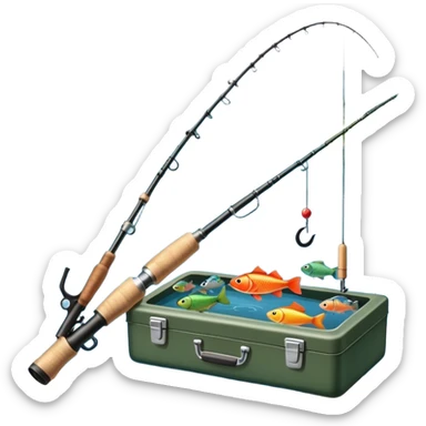 Icon for Fishing: a fishing rod with a line in the water, a tackle box, a fish on the hook, and a peaceful lake or river background. The icon should capture the calm and skill of fishing. Transparent background. sticker