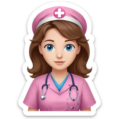 Nurse with wavy brown hair and blue eyes, pink tunic sticker