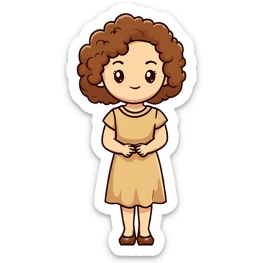 white woman with curly brown hair wearing a beige dress sticker