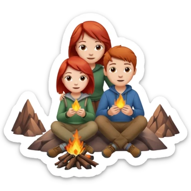 A girl with red hair and a boy with brown hair sitting on a mountain in front of a campfire sticker