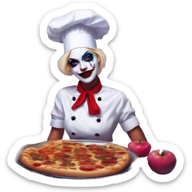 Synthwave chef in Harley Quinn style, oil paint, mysterious eyes, intricate lips, masterpiece portrait, odd perspective, beautiful, desirable, logical sticker