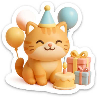 ginger tabby kitten with birthday hat, surrounded by balloons and presents, smiling, birthday cake nearby sticker