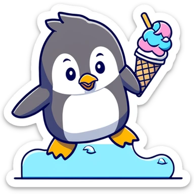 Clumsy penguin slipping on ice with ice cream cone sticker