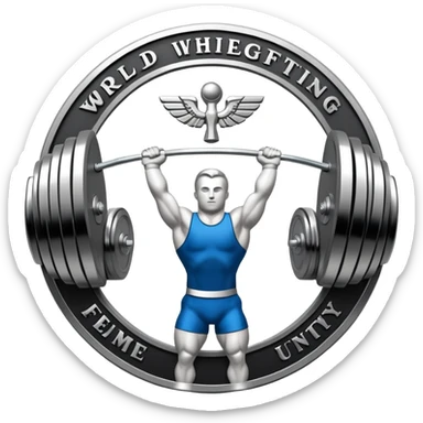 An emblem representing the World Weightlifting Federation with a stylized barbell and global elements. Bold text and clean lines symbolize strength, unity, and competition. Modern, dynamic design with a transparent background. sticker