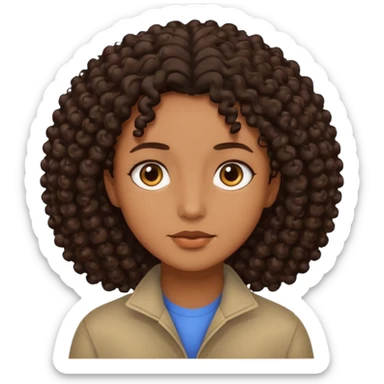 This is a cartoon-style avatar of a person with dark curly hair, brown skin, and a calm expression sticker