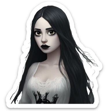 Dramatic girl  goth white pale with dark lighting  with black hair  in river with very very long lace dress  black long hair flying in the wind sad face  white eyes sticker