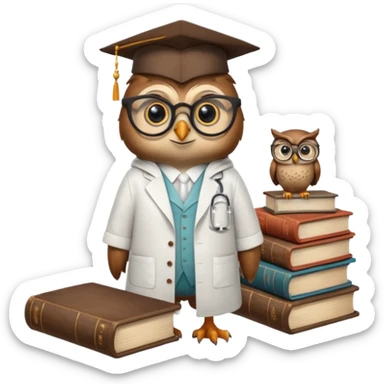 Wise bird with glasses, wearing a lab coat, perched on a stack of books. sticker