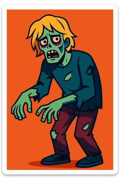 young man with slightly long blond hair depicted as a zombie with pale skin dark circles under eyes tattered clothing modern illustration style sticker