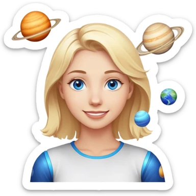A blonde with blue eyes and a friendly smile stands while the planets spin sticker
