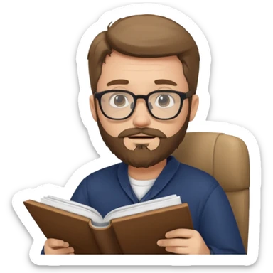 bearded man with glasses studying sticker