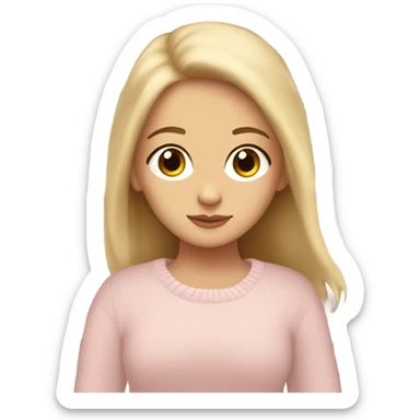 Pretty brown eyed white girl with light pink sweater reading cozy sticker